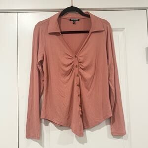 Steve Madden Women's Long‎ Sleeve Pink Button Down with Ruching Size M